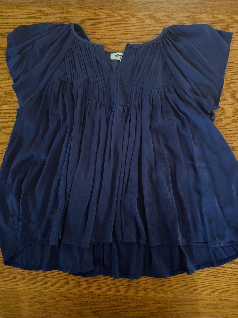 Haptics Pleated Navy Short-Sleeve V-Neck Blouse